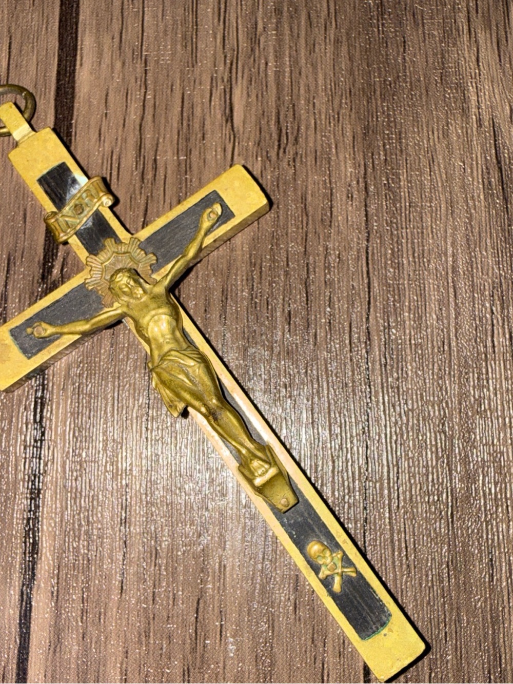 Germany Skull Bones Crucifix Cross Brass Wood Antique